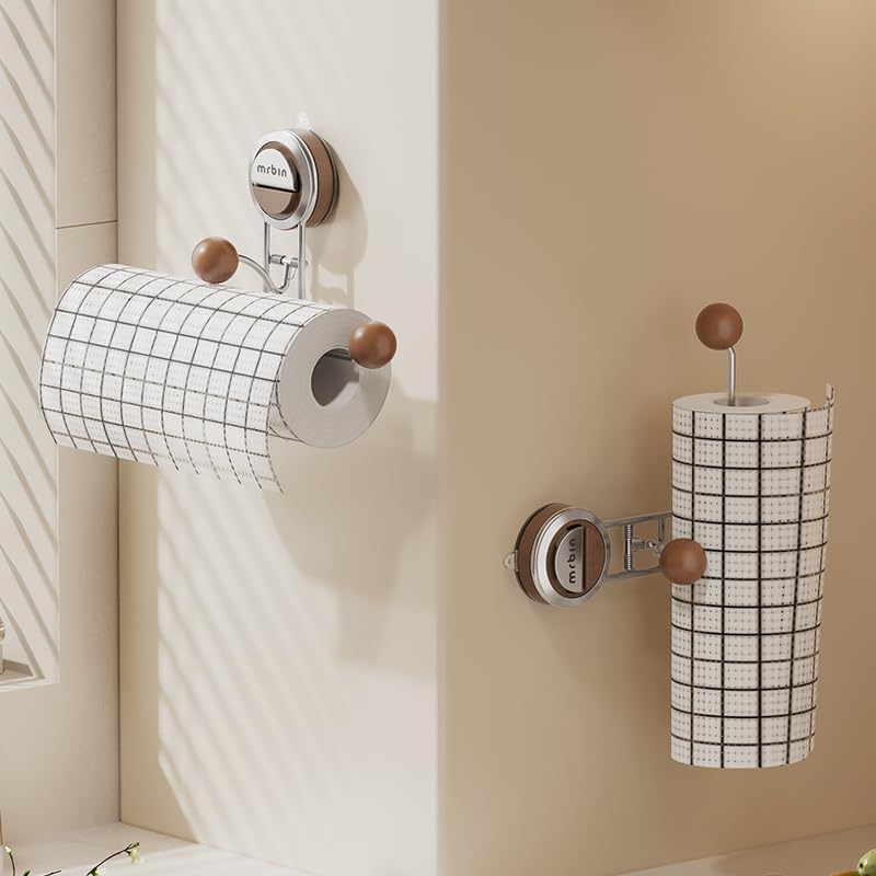Skiennix Kitchen Paper Towel Holder - Suction Cup Design, Stainless Steel & Wood, No Drill, Large Size