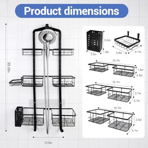 Black Extra Large Hanging Shower Caddy - Rust-Resistant 3-Tier Organizer with Soap Basket