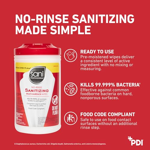 Food Contact Surface Sanitizing Wipes - No-Rinse Multi-Surface Disinfectant (Pack of 6)