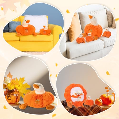 Halloween Pumpkin Goose Gift Stuffed Animals, 5 in 1 Cute Mommy Stuffed Goose Plush with 4 Small Geese, Geese Plushies Pillow for Birthday Gifts Thanksgiving Party Favor Decor(Orange)