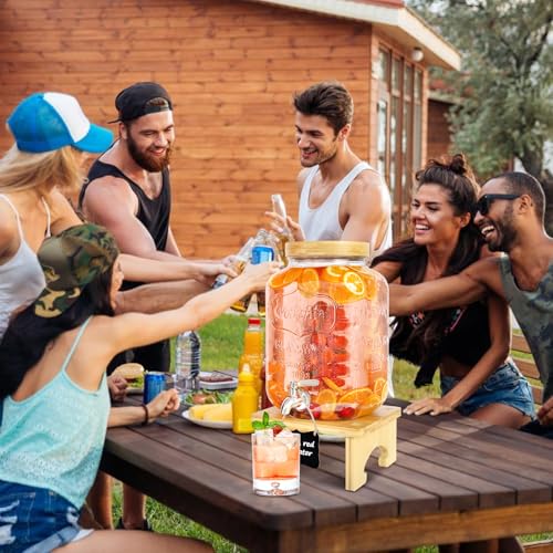 2 Gallon Glass Beverage Dispenser with Wood Stand & Stainless Steel Spigot