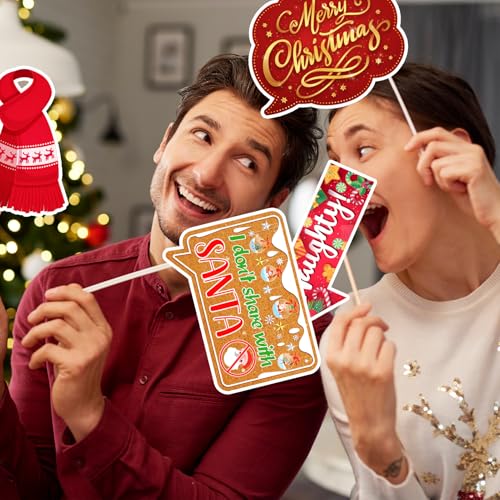 Christmas Photo Props Kit 25Pcs - Selfie Frame, Santa Beard & Gingerbread Party Props