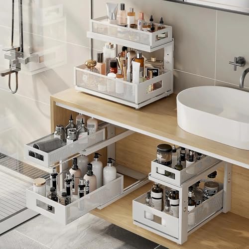 Corbyles White 2 Pack Under Sink Organizer with Adjustable Height, 2-Tier Pull-Out Cabinet Storage, 15.74x14.4-16.4 inches