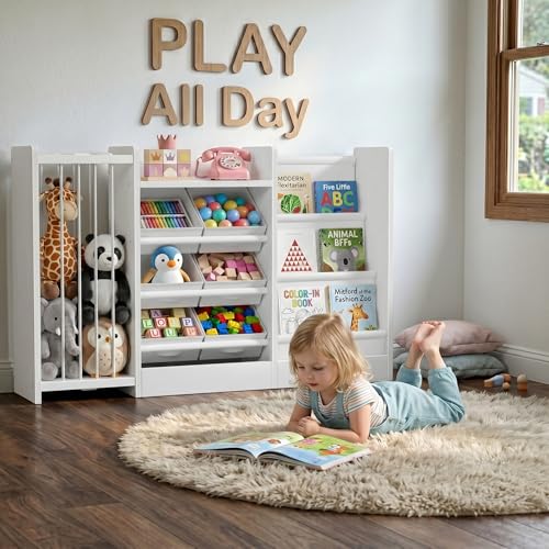 Kids Toy Storage Organizer with Bookshelf and Plush Animal Bin - 3-in-1 Playroom Storage