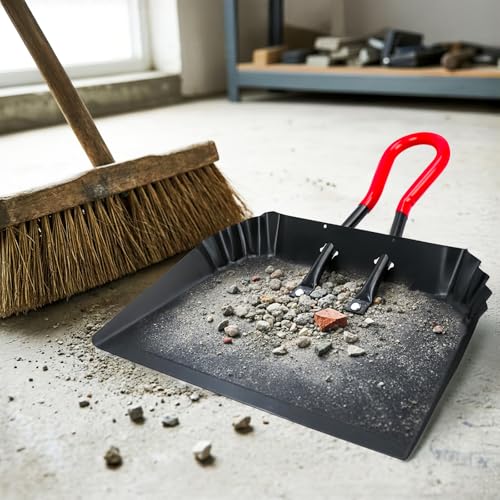 Heavy Duty Metal Dustpan Set - 17” Large Outdoor Debris Sweepers with Rubber Handles