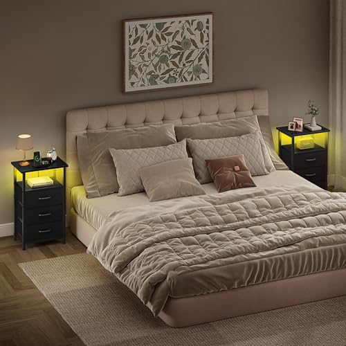 Vagusicc 2-Piece Nightstand Set with RGB LED Charging Stations, Black
