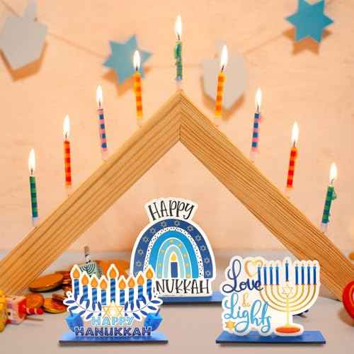 3PCS Hanukkah Table Decorations Decor, Wooden Chanukkah Table Centerpiece Set Dreidel Star of David Candle Menorah Blue Centerpieces Table Decorations for Home Party Jewish Christmas Chanukah Decor