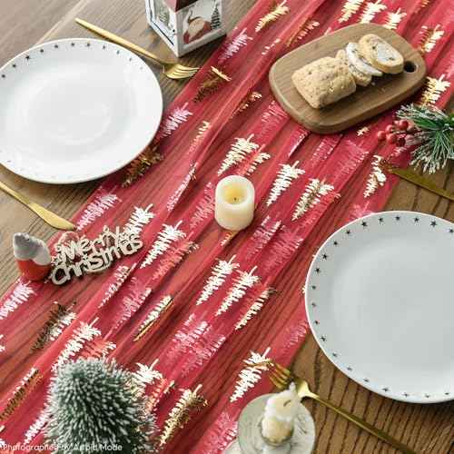 Artoid Mode Red Gold Christmas Tree Gauze Table Runner 120 Inch 10FT, Glitter Metallic Foil Seasonal Sheer Dining Holiday Table Decor for Home Party