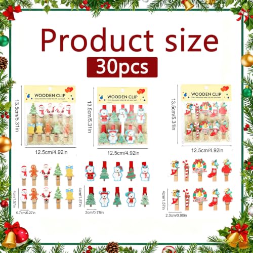 Mini Christmas Claw Clips 30pcs Wooden Photo Clips with Twine for Crafts & Decorations