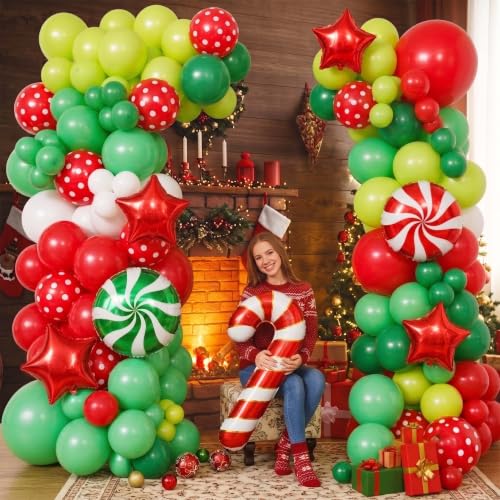 Jenlion 106Pcs Christmas Balloon Arch Kit with Large Mylar Foils - Light Green, Red, Dark Green