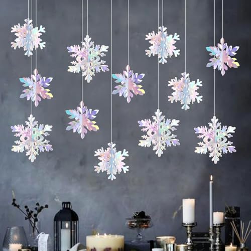 Iridescent-Holographic Snowflake-Snow Christmas Party-Decorations Garland - 12Pcs 3D Winter Wonderland Frozen Hanging Streamers Banner,Disco Birthday Baby Bridal Shower Wedding Decor Supplies Hugtmr