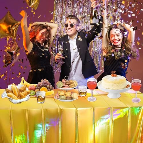 3 Pack Gold Disposable Tablecloths 54 x 108 in Shiny PET Plastic Party Covers