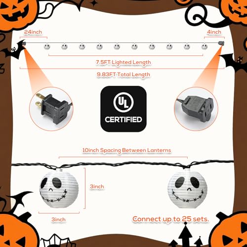 Halloween Decorations Ghost Lantern String Lights Plug in, 10 Pack Ghost Jack Skellington White Lantern Lights with Black Cord, Spooky Lights Outdoor for Halloween Spooky Mantel Decor