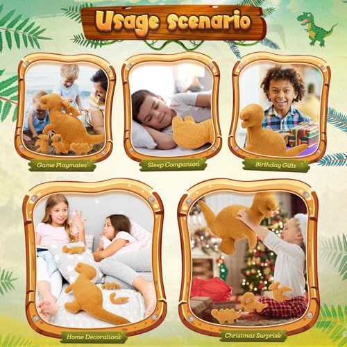5 Pcs Plush Dinosaur Nugget Pillow Set, 16 Inch Large Stuffed Dinosaur with 4 Plush Babies in Zippered Belly Soft Dino Pillow Gifts for Birthday Collection Party Decors