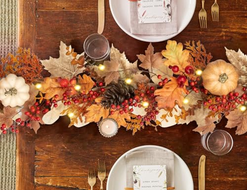Villa Como 6FT Fall Garland with Lights, Pumpkins, Pinecones, Berries - Brown