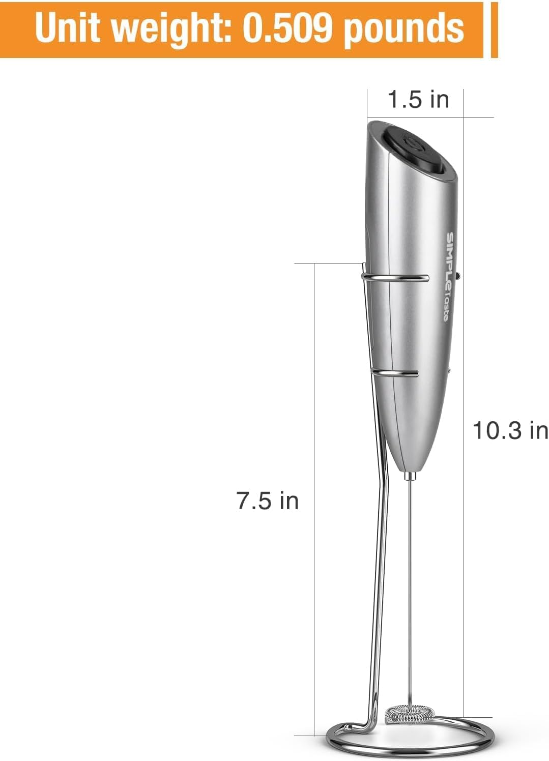 SimpleTaste Handheld Electric Milk Frother - Stainless Steel Whisk for Cappuccino & Latte - Gray with Stand