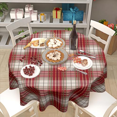 Ancordivo Xmas Plaid Round Tablecloth 60 Inch Red Green Holiday Checkered Dining Cover