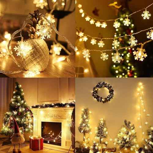 Christmas Snowflake Lights, 20ft 40LED 8 Modes & Timer Battery Operated Snowflake Decorations with Remote Control, Fairy Lights for Indoor Outdoor Holiday Party Decorations