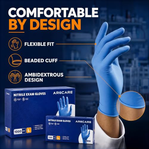 AroCare Nitrile Exam Gloves Large Case of 1000 - Powder-Free, Latex-Free 4 Mil