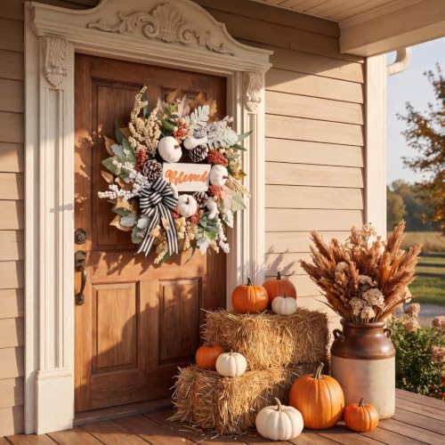 Fall Wreath for Front Door 22 Inch Autumn Harvest Decor with White Pumpkin & Ribbon Bow