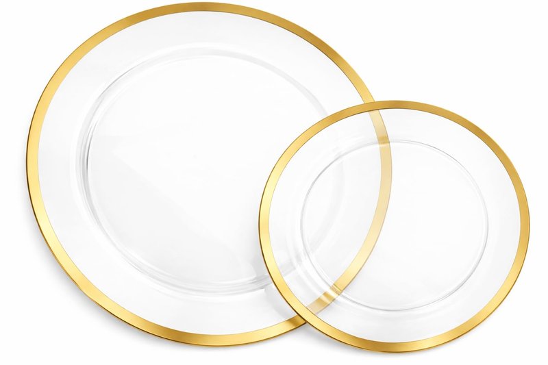 Lillian Tablesettings Magnificence 32-Piece Gold Rim Plastic Plates Set, Heavyweight Disposable Dinnerware – 16 Dinner Plates 10” & 16 Salad Plates 7”, Elegant Clear Plates