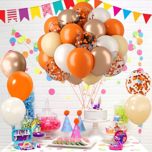 62Pcs Fall Balloons Set, 12 Inch Orange Champagne Gold Retro Ivory White Confetti Latex Balloons Kit with Ribbons, Party Balloons Kit for Birthday Thanksgiving Fall Wedding Party Decorations