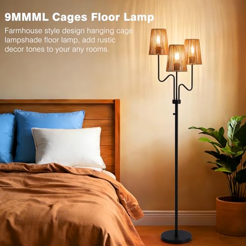 Black Farmhouse Boho Dimmable Floor Lamp with Rattan Shade - 68" Tall, 3-Light, E26 LED Bulb Included