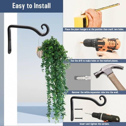 FEED GARDEN Heavy Duty Plant Hooks - 6 Inch Wall-Mounted Brackets | 44lb Capacity Steel Hangers in Black