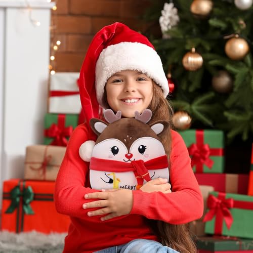 Merry Christmas Elk Plush Toy - Deer Stuffed Decor with Saxophone, Festive Embroidery, Holiday Surprise Gift and Cuddly Elk Pillow for Kids, 8 Inch