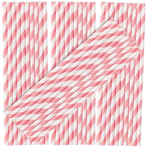 Atiloy 200 Pack Pink & White Biodegradable Paper Straws (Striped) – Disposable Party Drink Straws, Valentine’s/Dessert