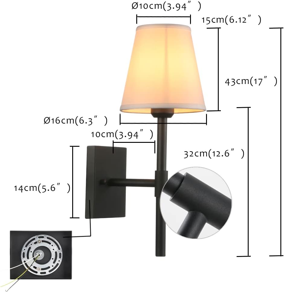 Pathson Set of 2 Hardwired Bathroom Wall Sconces with White Fabric Shade, Cloth Wall Mounted Lighting for Living Room Bedroom Hallway Matte Black Finish Base