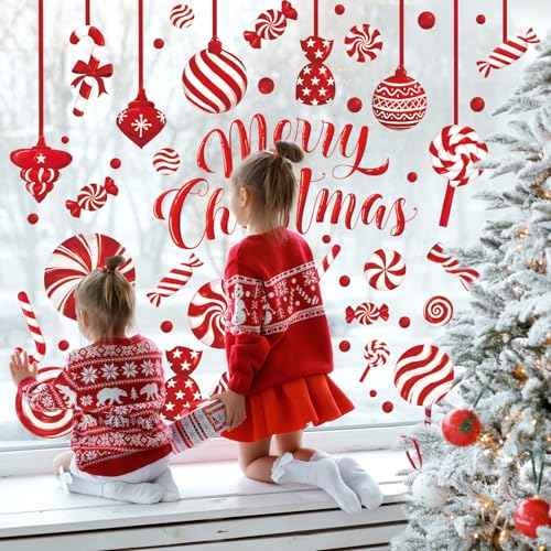 Christmas Window Clings Candy Cane Xmas Ball Window Stickers Red White Reusable PVC Window Decal for Winter Glass Mirror Decor, 8 Sheets