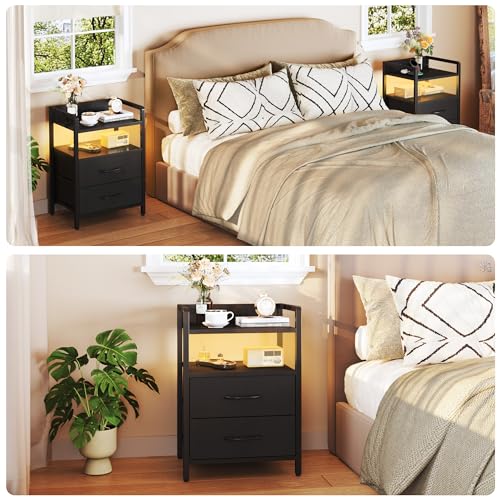 Black LED Nightstand with Charging Station, Storage Drawers & RGB Lighting