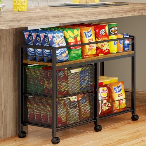 Laaoyuukee 3-Tier Rolling Snack Cart with Metal & Wooden Top for Pantry & Kitchen Storage