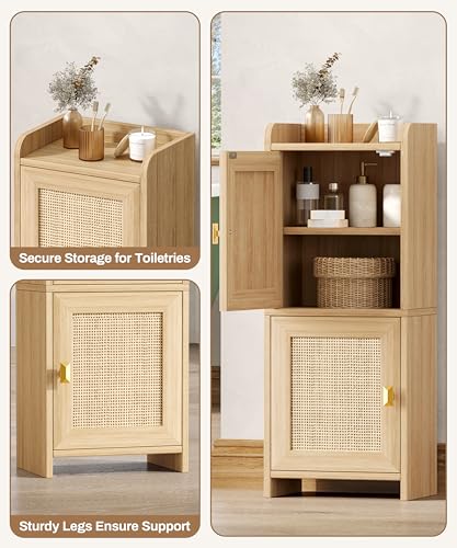 Akxomel Natural Oak Rattan Narrow Bathroom Cabinet – Compact Toilet Paper Organizer, 7.9''D x 11.8''W x 27.6''H