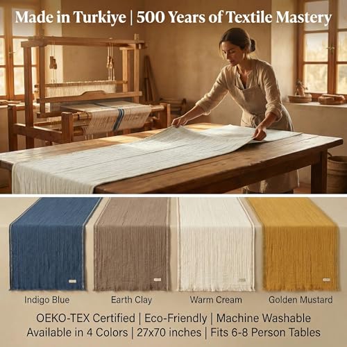 Jojomia Warm Cream Turkish Cotton Table Runner 27x70 Inch, Oeko-TEX Certified, Hemstitched, Machine Washable Dining Decor