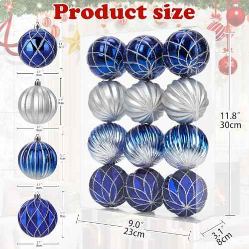 12Pcs Christmas Ball Ornaments Silver Blue Christmas Ornaments 3.14" Christmas Tree Ornaments Big Plastic Christmas Ornaments Balls Gradient Hanging Christmas Balls Xmas Decorations for Holiday Party