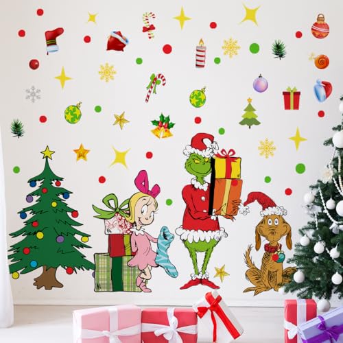 Demonwer Christmas Wall Decals Set - Removable Cartoon Dog & Girl Xmas Decor - Variation Christmas-7
