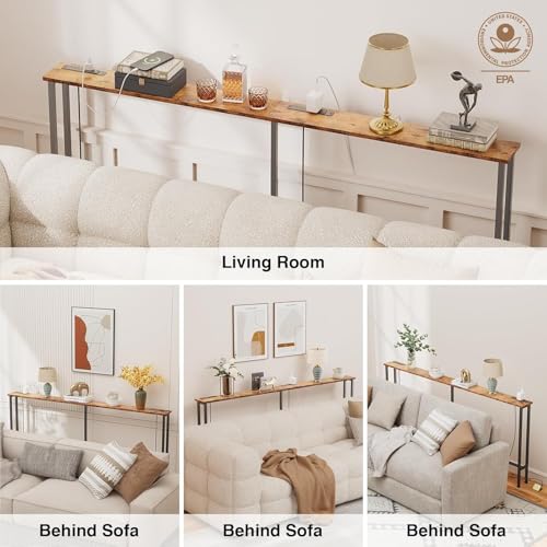 Narrow Sofa Table with Power Outlets & USB Ports - Rustic Brown, 90 inch
