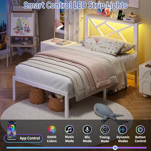 Twin White Metal Bed Frame with USB Charging Station & RGB LED Lights
