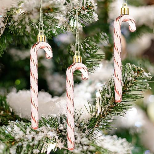 HERZWILD 12Pcs Rose Gold Glitter Candy Cane Christmas Tree Ornaments Holiday Decor