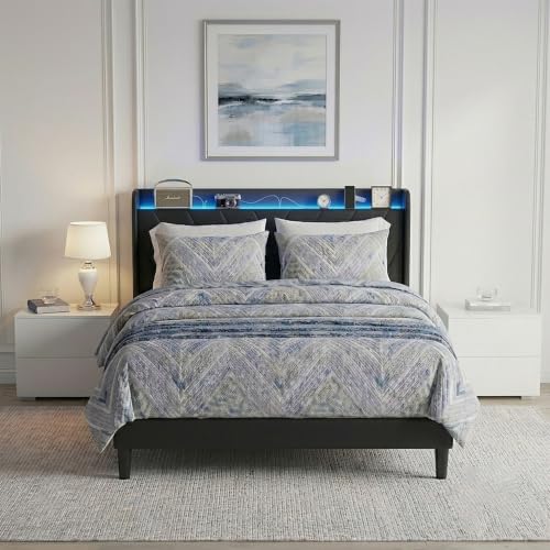 Queen Bed Frame with LED Lights & Charging Station, Upholstered Wingback Headboard, Noise-Free Metal Platform Bed
