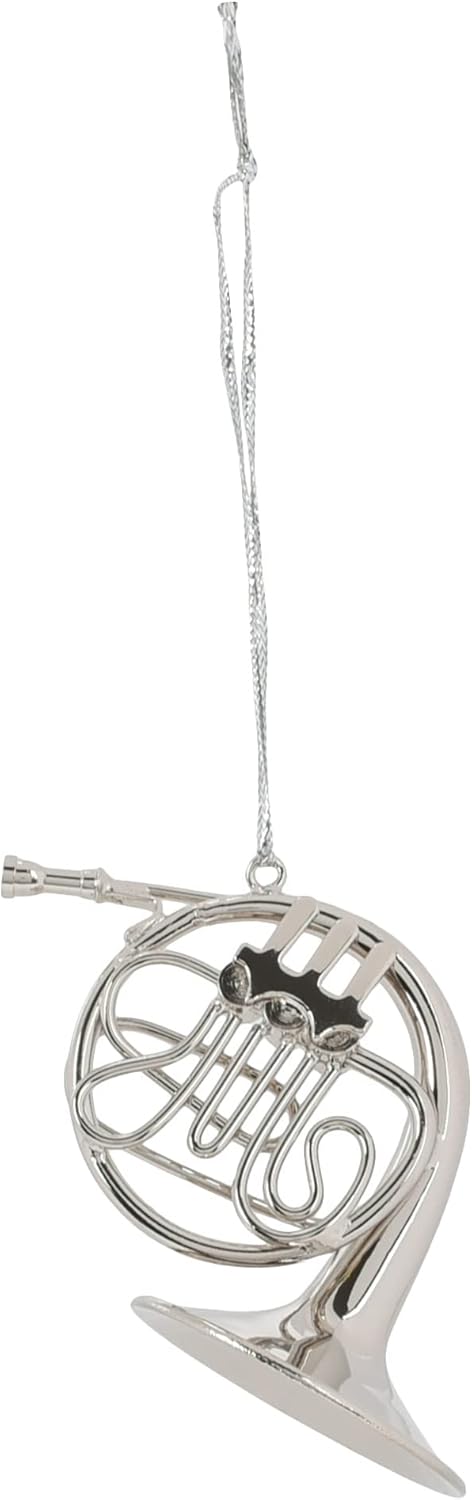 French Horn Hanging Ornament - 4 Inch Silver Tone Brass Decoration by Broadway Gifts