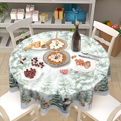 Winter Snowman 70in Round Christmas Tablecloth - Wipeable Polyester Cover for Kitchen & Dining