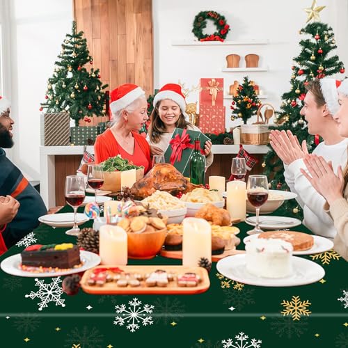 Green 3-Pack 54x108 Inch Christmas Table Covers - Snowflake Tree Trim, Waterproof Plastic Gift Display