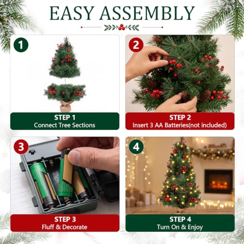 3ft Prelit Tabletop Christmas Tree with 70 LEDs, Berries & Pine Cones