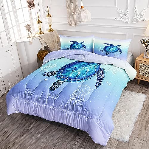 DYcolor 3D Aqua Blue Reptile Turtle Ocean Life Bedding Quilt, 3-Piece Under Sea Animal Starfish Turtle Comforter Set with 1 Comforter and 2 Pillow Cases for Kids, Teens, Adult (04, Queen)