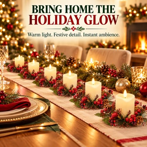 Ringwreath-6pc Candle Ring Wreaths for Tables, Faux Pine Cones, 6.5cm dia, Flameless Compatible (MERRI GLOW)