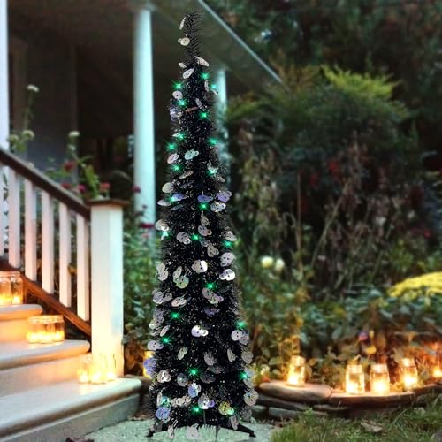 Lighted up Christmas Tree for Indoor Decoration 5FT Pre-lit Mini Balck Pop up Tree with 60 Lights,Black Tinsel with Silver Laser Skull Collapsible Tree Halloween Decorated Tree