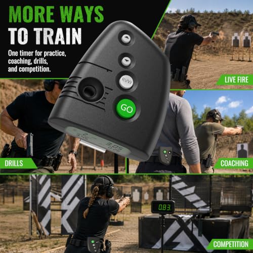 Shot Timer for Shooting Competition Green - Loud 110dB Buzzer, Par & Split Times, Belt Clip, Ergonomic Design